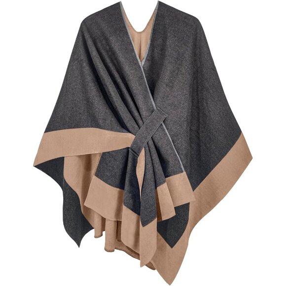 Women Shawl Wrap Poncho Ruana Cape Open Front Cardigan Fall Winter Grey Camel 2 - Picture 1 of 6